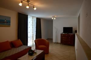 a living room with a couch and a tv at Villa Dabac in Sveti Juraj