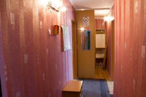 a hallway with a pink wall with a door at Ferrari Apartments in Vinnytsya