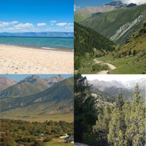 a series of four pictures of a beach and mountains at Палаточный кемпинг "Beautiful country" in Anan'yevo