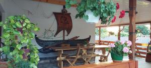 a room with a table and chairs and plants at Casa Militaru in Murighiol