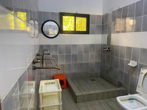 a bathroom with a shower and a toilet and a sink at Pension Les Palmiers in Kipé +29 photos