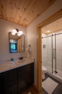 a bathroom with a sink and a toilet and a mirror at The Woodsman Lodge in Eureka Springs