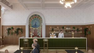 a rendering of a bar with two people standing behind it at Palatinus Grand Hotel in Pécs