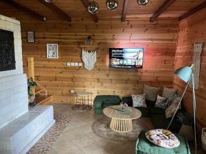 a living room with a couch and a tv in a cabin at Dom Zielarki in Żuromino