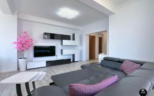 Una sala de estar con un sofá y un televisor. en Deluxe Nicolle Solid Residence Mamaia, en Mamaia