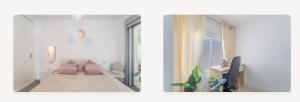 two pictures of a room with a bed and a desk at Divino en playa in Granadilla de Abona