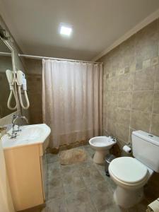 a bathroom with a sink and a toilet and a shower at Hosteria Arenas del Sur in Rada Tilly +16 photos