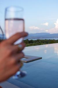 a person holding a wine glass next to a pool at Queen Bee Luxury Villa- Sparto in Spárton