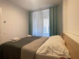 a bedroom with a large bed with a window at SAG Sky Park Residence Free parking and Wi-Fi in Bratislava