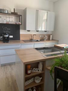 a kitchen with a sink and a counter top at Große Ferienwohnung in einer Villa im Grünen in Neustadt am Kulm