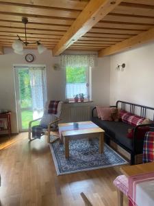 特尔乔夫Chalúpka u MAŤA的客厅里有一张沙发和一张咖啡桌。