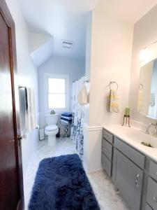 a bathroom with a toilet and a sink with a blue rug at Downtown Boho Home wOffice Yoga StudioKing Bed in La Crosse