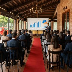 Ein Mann steht vor einer Menschenmenge in einem Raum in der Unterkunft Villa Ferrara Royal Resort & Spa in Coriano + 67 Fotos