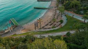 an aerial view of a beach with palm trees and the ocean at Pine Bay Holiday Resort in Kusadası