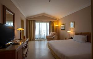 a hotel room with a bed and a television at Ecotel Dahab Bay View Resort in Dahab