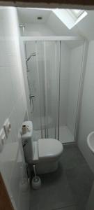 a white bathroom with a shower and a toilet at Suite Duplex Vientiane - Second Lodge - Hyper Centre Historique Rennes - 2 personnes in Rennes +17 photos