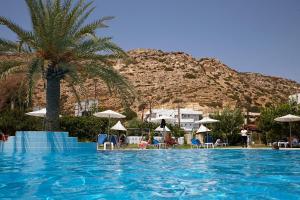 a pool with a palm tree and chairs and a mountain at Elea Terra Hotel in Matala