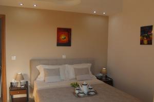 um quarto com uma cama com dois quadros na parede em Myrina View 3 em Mesochórion