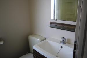 a bathroom with a toilet and a sink and a mirror at Land's Hause Bungalows par La Conciergerie Française Emplacement 11AA in Pataias +4 photos