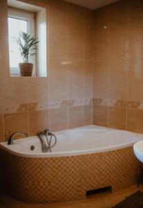 eine Badewanne im Bad mit Topfpflanze in der Unterkunft Sielanka Dom nad Morzem in Sławoszyno + 26 Fotos