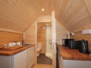 a log cabin kitchen with a sink and a toilet at Little Luxe Lodges 2 in Coillemore +10 photos