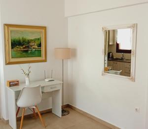 a white room with a desk and a mirror at Akrivis studio in Athens +55 photos