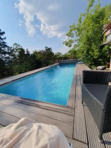 a large swimming pool on a wooden deck at Doppelzimmer mit neuem Bad und Sportpool-Nutzung außen, im basement cellar der Villa Naturpark, Garten mit Rheinblick in Koblenz