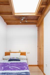 um quarto com uma cama com lençóis roxos e uma clarabóia em Apartamentos Campanas de San Juan em Santiago de Compostela