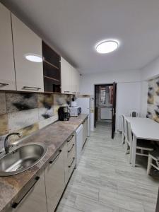 a large kitchen with a sink and a table at Apartament LUKB in Tîrgu Ocna
