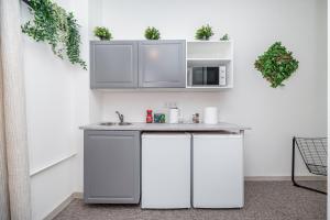 a kitchen with white cabinets and a counter top at City Nest Vilnius Oldtown in Vilnius