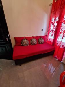 a red couch in a room with red curtains at Apartments Vesna Luxury & Stefan Ap 10 in Paralia Katerinis
