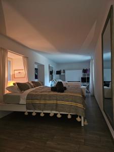 a bedroom with a large bed with a blanket on it at Wellness Apartment Steckborn in Steckborn