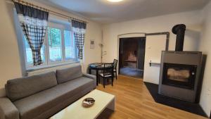 a living room with a couch and a fireplace at U Čertovy brázdy in Sázava