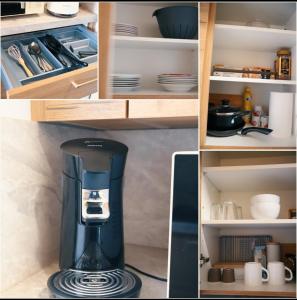 a kitchen with a coffee maker on a shelf at Charmant Studio, 2 personnes, 25 minutes du Zoo de Beauval in Montrichard