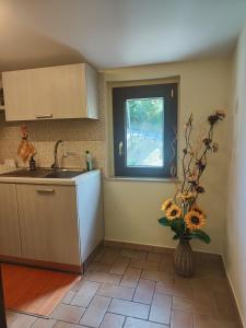 una cocina con fregadero y un jarrón de girasoles en La Casa del Duca, en Montalto delle Marche 43 fotos más