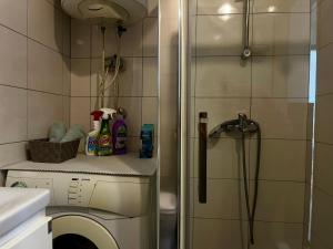 une salle de bain avec douche et machine à laver dans l'établissement Modern Flat in Prishtina Centre, à Pristina 15 autres photos