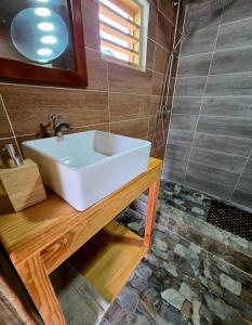 a bathroom with a white sink and a shower at La Casita De La Cueva in Cabo Rojo