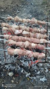 a bunch of meat cooking on a grill at Mamukas guest house glola in Glola