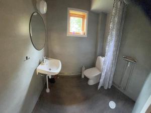 a bathroom with a sink and a toilet and a mirror at 5 person holiday home in MARIANNELUND in Mariannelund +10 photos