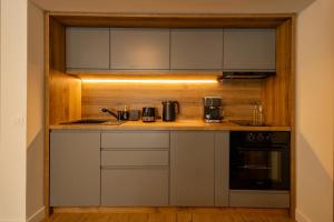 eine Küche mit grauen Schränken und einer Arbeitsplatte in der Unterkunft Mountain Serenity and Charming Old Town Nearby by MM Host in Braşov