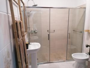 a bathroom with a shower and a sink and a toilet at Casa da Tia Bia in Venda +13 photos