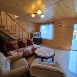 een woonkamer met een bank en een tafel bij domek monika in Okuninka