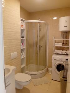 a bathroom with a shower and a toilet and a washing machine at Apartman Anny in Široki Brijeg +28 photos
