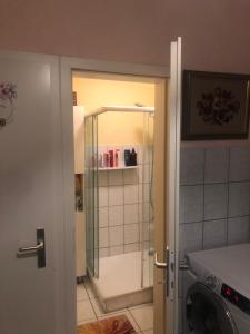 a bathroom with a glass shower door and a washing machine at Novi in Grünstadt