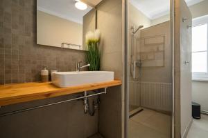 a bathroom with a sink and a shower at Ferienwohnung an der Müritz in Rechlin +40 photos