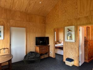 坎布里奇Cabin-on-Swayne的客房设有带一张床和电视的卧室。