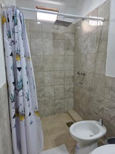 a bathroom with a shower curtain and a toilet at Departamento equipado, centrico, cochera cubierta Sarmiento265apart D15 in San Fernando del Valle de Catamarca