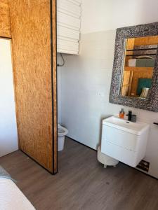 a bathroom with a sink and a mirror and a toilet at El Santuario Paracas in Paracas