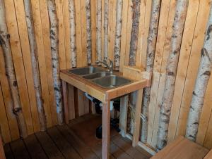 a bathroom with a sink in a wooden wall at Sven's Basecamp Hostel in Fairbanks +37 photos