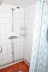 a shower in a bathroom with a shower curtain at Åsens By in Haurida